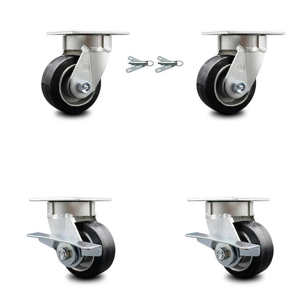 Service Caster 4 Inch Kingpinless Rubber on Aluminum Wheel Caster Swivel Locks 2 Brakes, 2PK SCC-KP30S420-RAR-BSL-2-SLB-2 - main